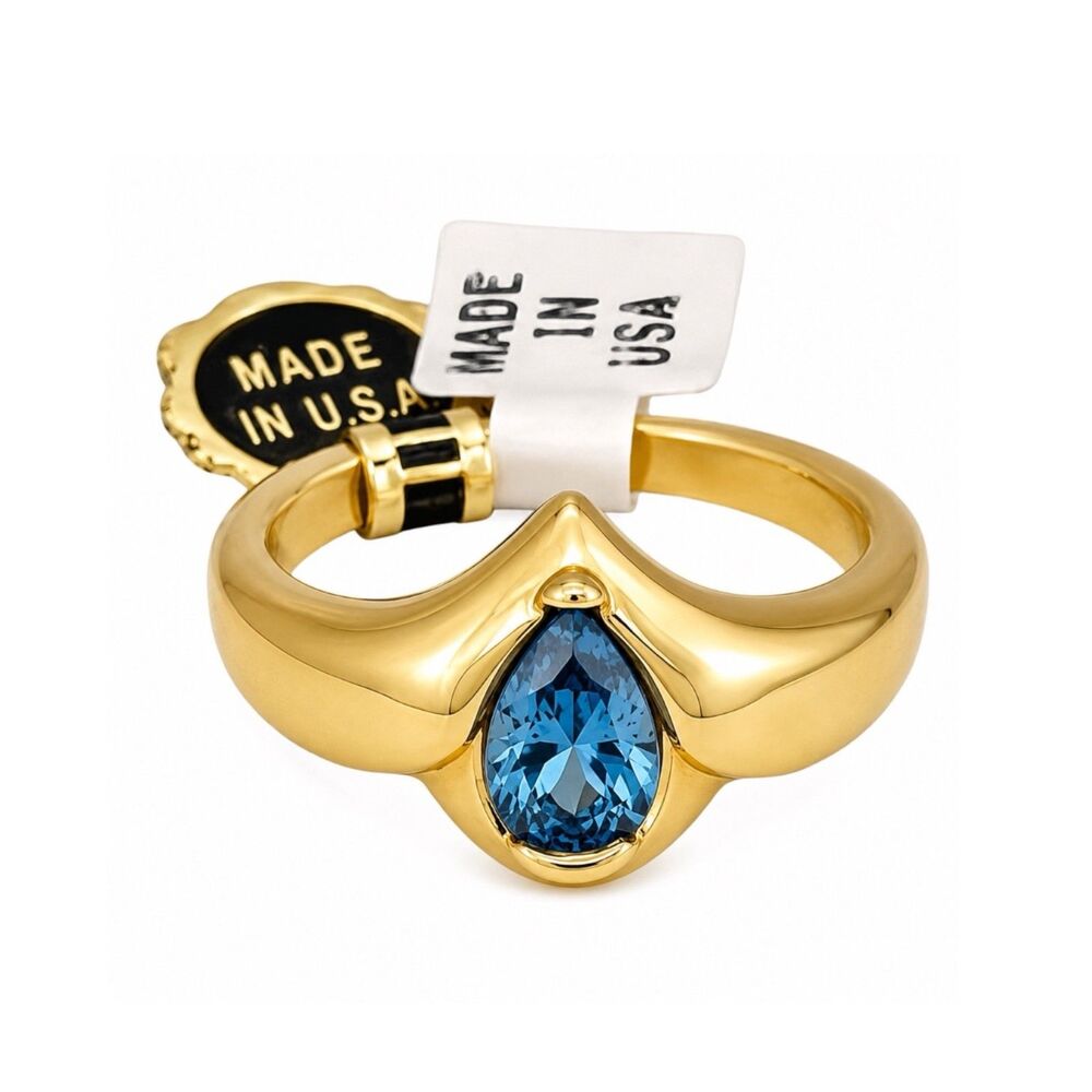 Vintage 1970s Cocktail Ring Size 8 Blue Cubic Zirconia Gold Tone - 14X
